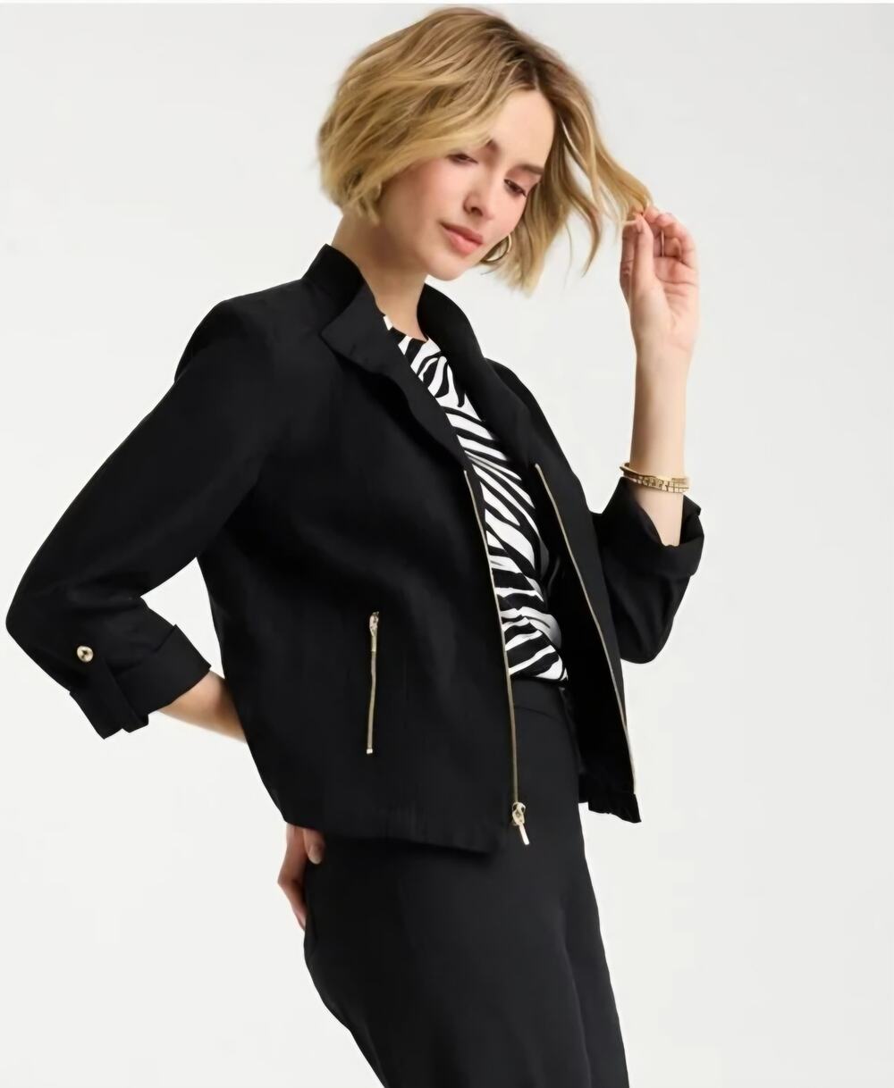 Chico’s 100% Linen Full Zip Moto Jacket Black Roll Tab Sleeves Sz 1 / US 8